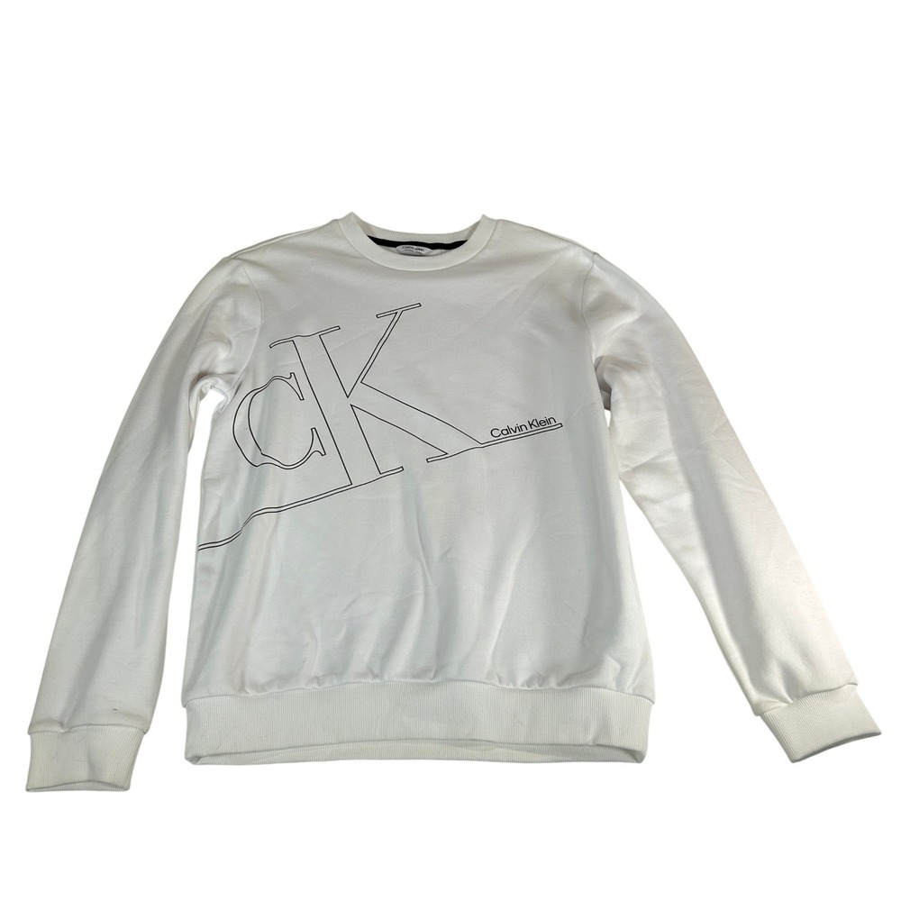 Calvin Klein Mens Med White Graphic Logo Crewneck Sweatshirt Medium Fleece Lined